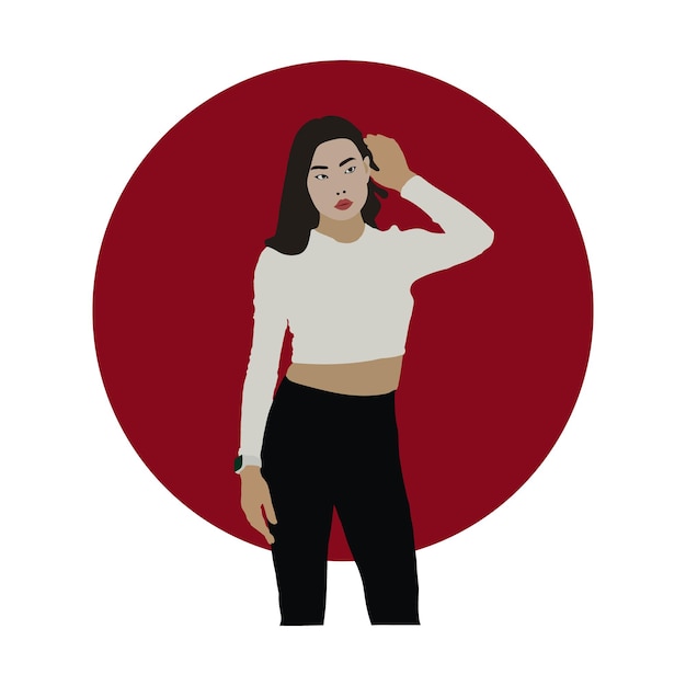 Vector a woman in a white top and black pants stands in front of a red circle.