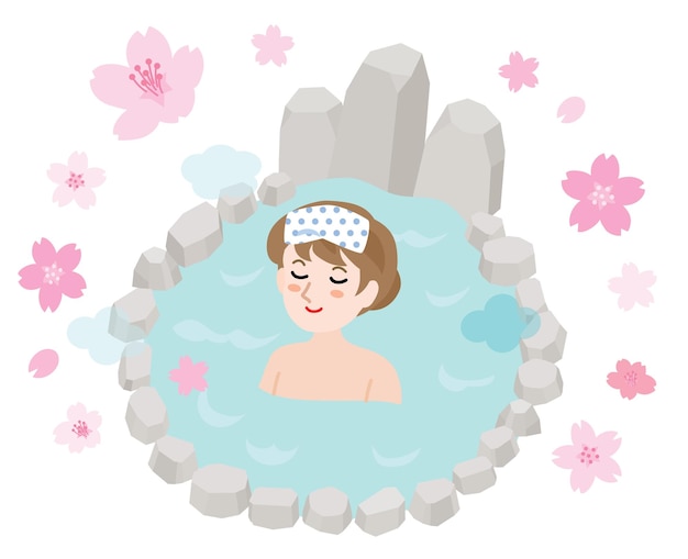 The woman who takes outdoor bath in spring.