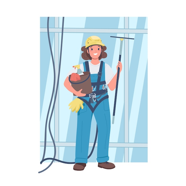 Woman window washer flat color detailed character. Lady in working uniform. Cheerful female skyscraper cleaning worker isolated cartoon illustration for web graphic design and animation