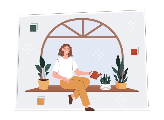 Vector woman on windowsill young girl with watering can near plants love for nature and floristry gardener in apartment household chores and routine potted flower cartoon flat vector illustration