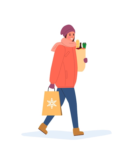 Woman in winter clothes carries  shopping  bags isolated. Vector flat style illustration