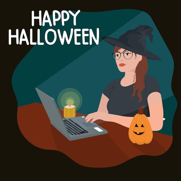 Woman in witch costume celebrate Halloween online