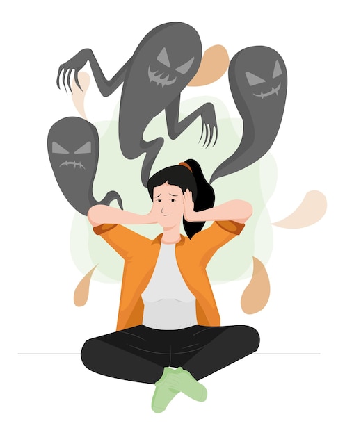 Vector woman with anxiety attack and depression with leftovers coming out of her head