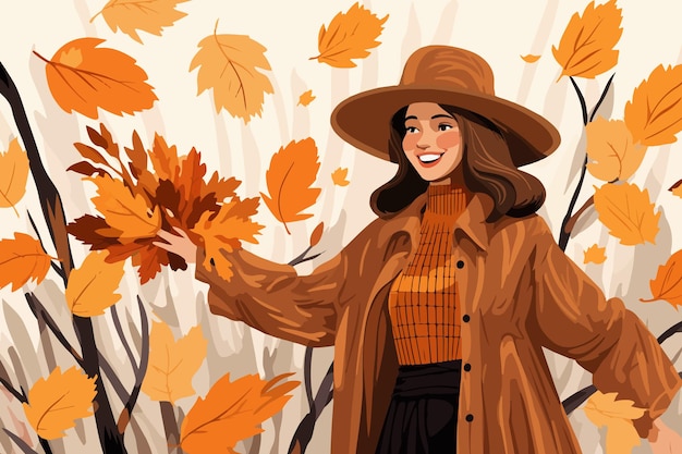 Vector woman with autumn leaves in hands smiles standing in stylish casual clothes and hat cheerful young girl rejoices at onset of autumn season and collects beautiful foliage from trees