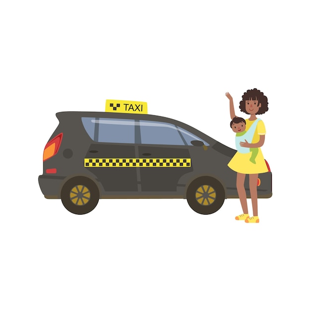 Woman With Baby Calling Black Taxi Car