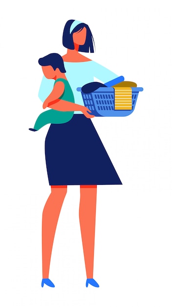 Woman with Baby in Hand Hold Basket with Laundry.