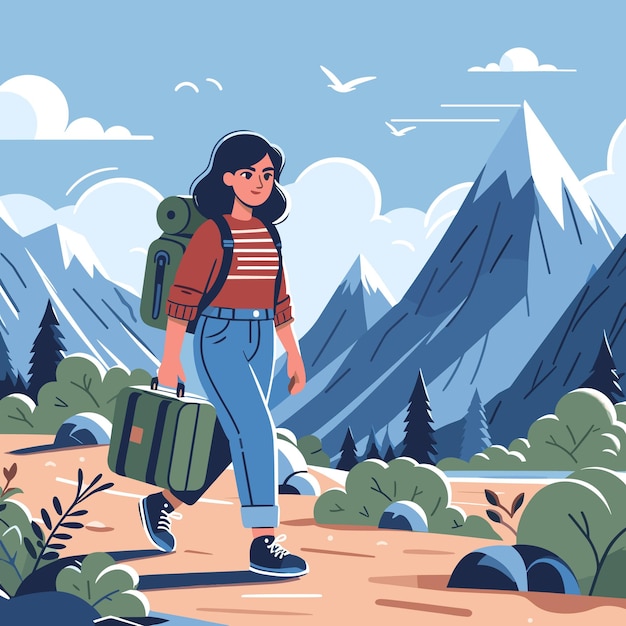 Vector a woman with a backpack hiking in forest