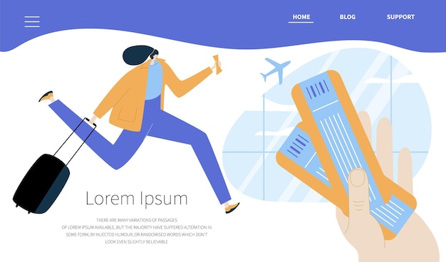 The woman with baggage is late to the plane She buy online tickets and go to the journey on airport Illustration good for landing page webs site