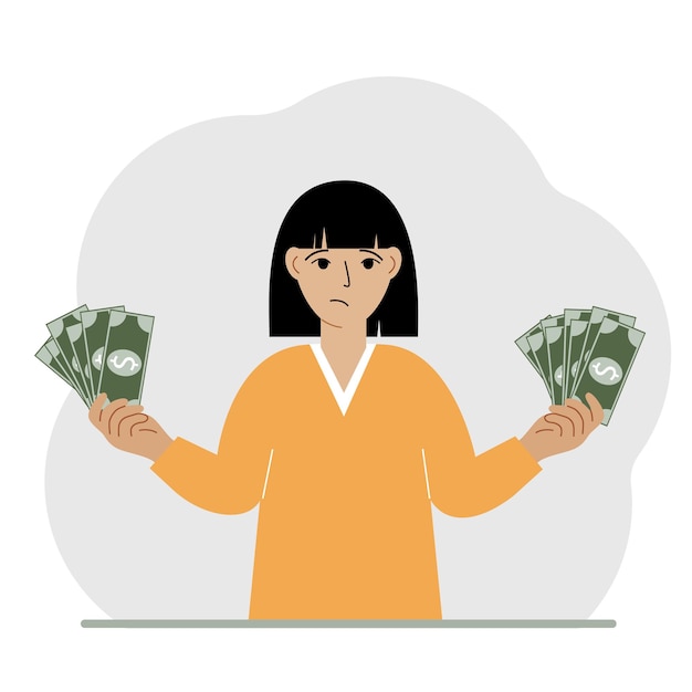 A woman with banknotes in both hands The concept of wealth Vector flat illustration