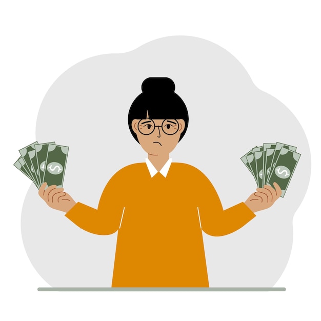 A woman with banknotes in both hands The concept of wealth Vector flat illustration