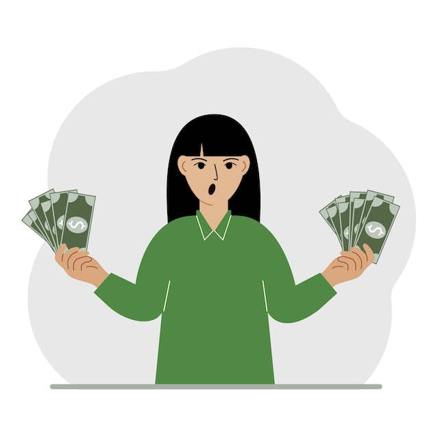 A woman with banknotes in both hands The concept of wealth Vector flat illustration