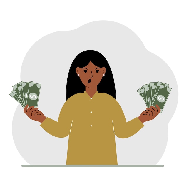 A woman with banknotes in both hands The concept of wealth Vector flat illustration