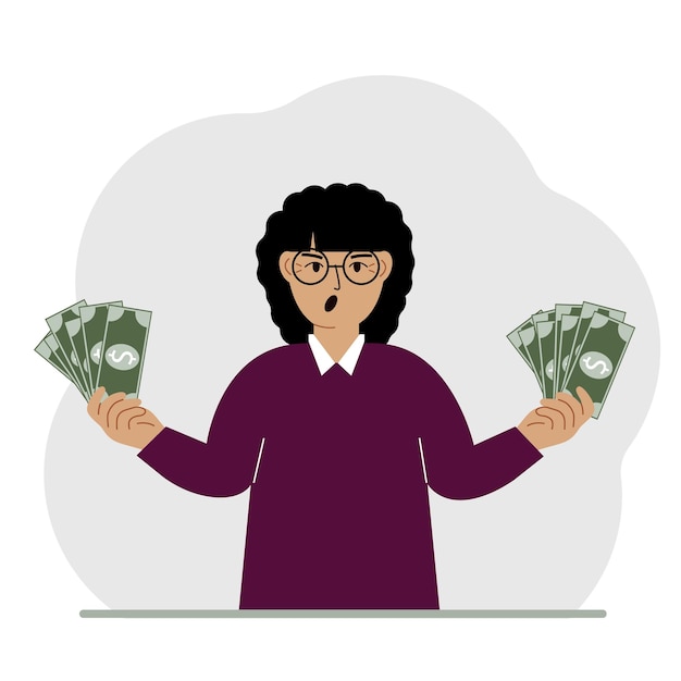 A woman with banknotes in both hands The concept of wealth Vector flat illustration