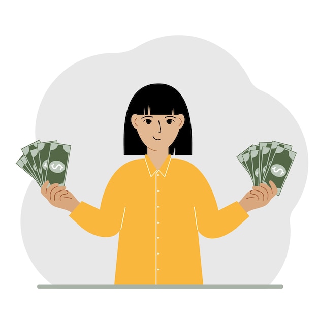 A woman with banknotes in both hands The concept of wealth Vector flat illustration