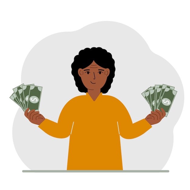 A woman with banknotes in both hands The concept of wealth Vector