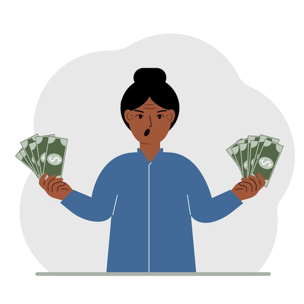 A woman with banknotes in both hands The concept of wealth Vector