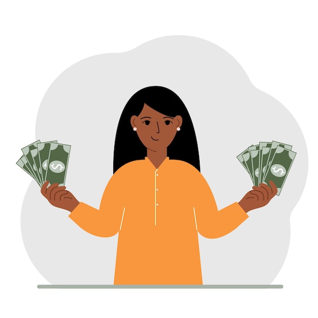 A woman with banknotes in both hands The concept of wealth Vector