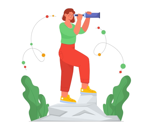 Vector woman with binoculars concept young girl stands on rock and looks into distance vision of future and planning goal setting motivation and leadership cartoon flat vector illustration