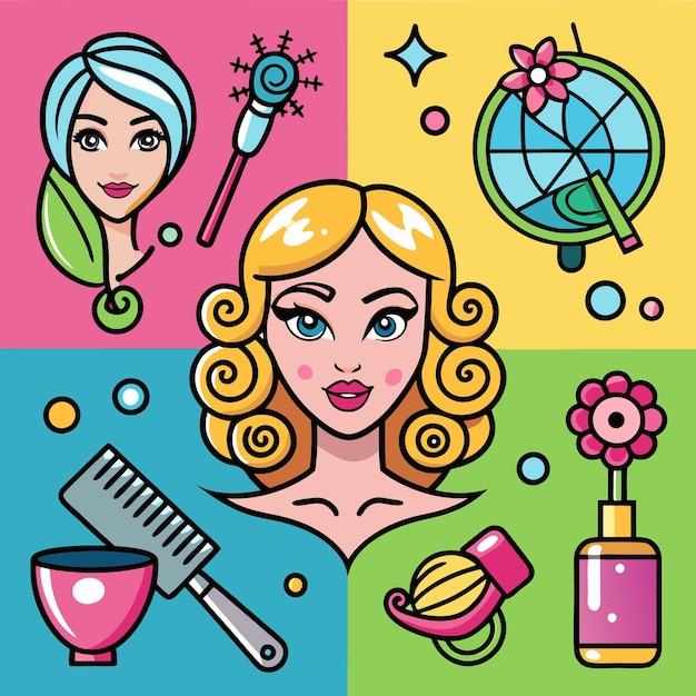 A woman with blonde hair and blue eyes is surrounded by items associated with beauty and hair styling including a comb a bowl a flower a brush a bottle of nail polish and a mirror