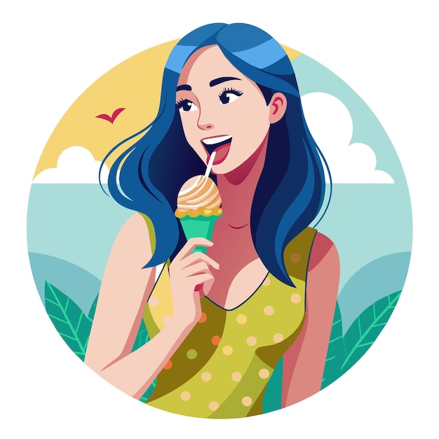 a woman with blue hair is eating an ice cream