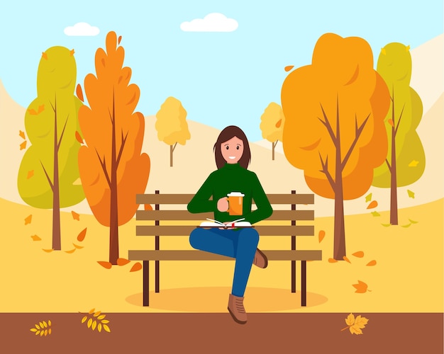 Woman with book and cap of hot coffee or tea sitting on the bench in park. Autumn city park background.  illustration.