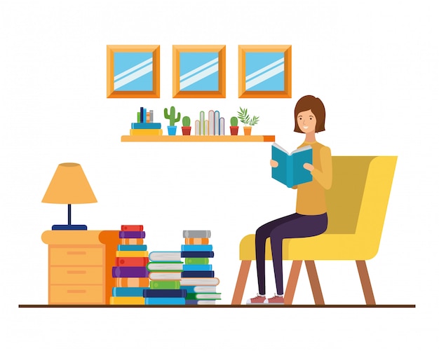 Woman with book in hands in living room