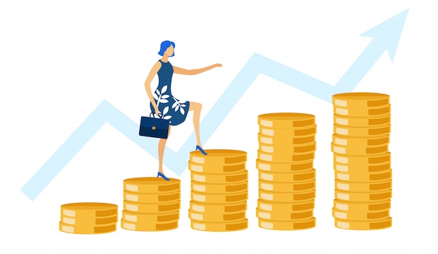 Woman with Briefcase Ascending by Coins, Growth.