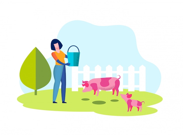 Woman with Bucket in Hands. Pig in Aviary on Farm.