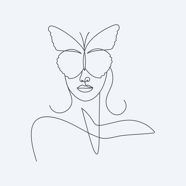 Woman with butterfly female head beauty girl elegant hand drawn line art design