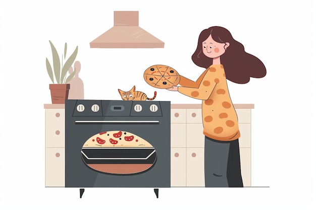 Vector woman with cat taking pizza from oven