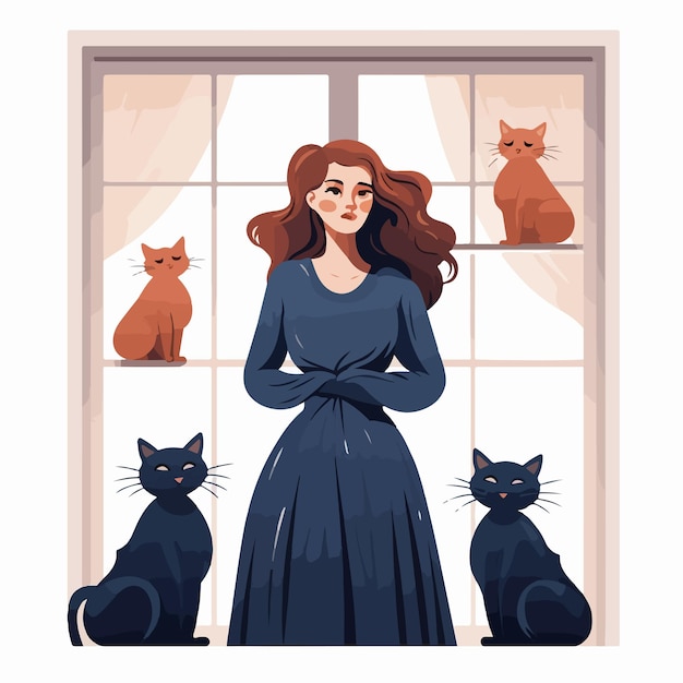 Vector woman with cats standing near the window hand drawing