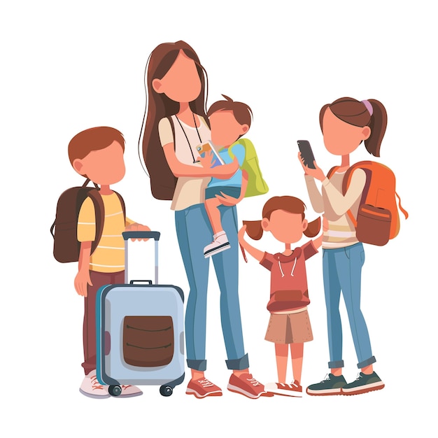 Woman with children and luggage vector illustration