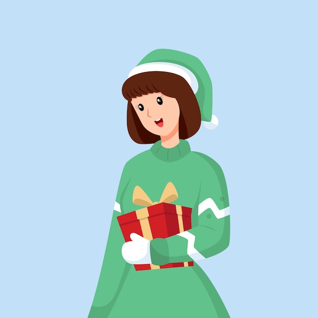 Woman with Christmas Gift Character Design Illustration