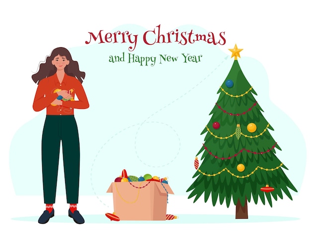 Woman with Christmas toys decorates the Christmas tree Vector illustration in cartoon flat style