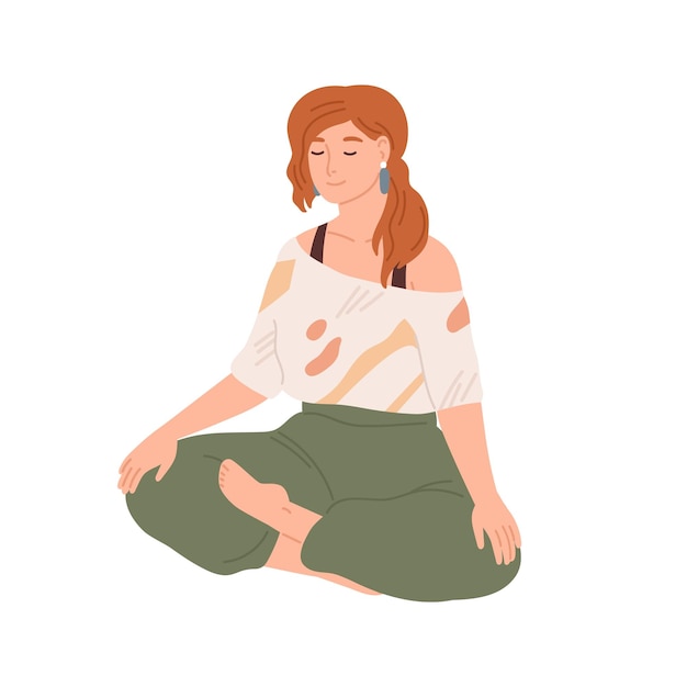 Woman with closed eyes meditating in yoga lotus posture. Female character sitting with her legs crossed and performing meditation practice. Flat vector illustration isolated on white background.