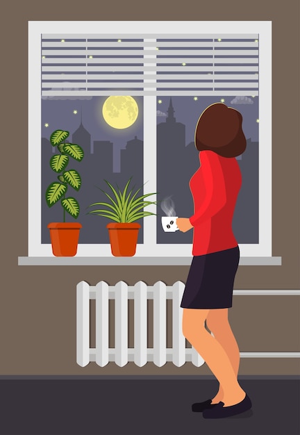 Woman with a cup of coffee stands by the window Room plants in pots on the windowsill