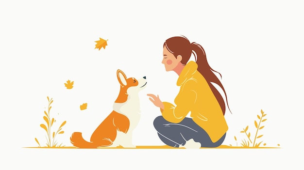 Vector woman with cute corgi dog on white background