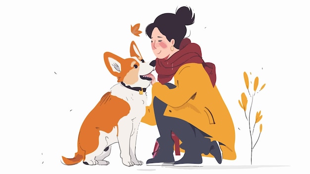 Vector woman with cute corgi dog on white background