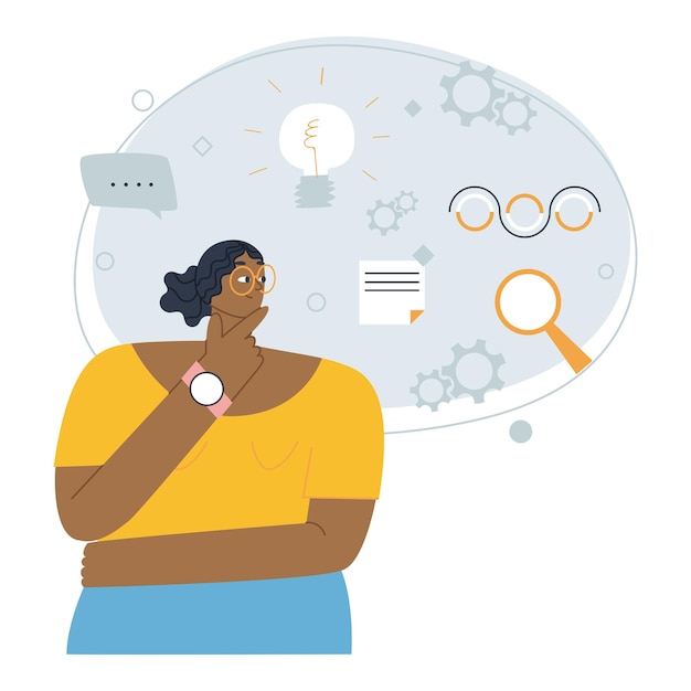 Woman with dark skin standing and thinking A cloud of thoughts in search of ideas Flat vector