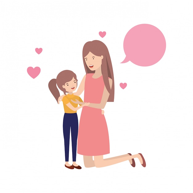 Woman with daughter and speech bubble avatar character