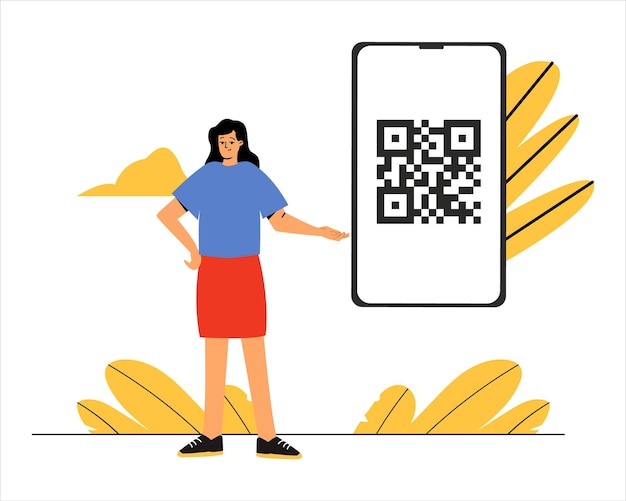 A woman with a digital vaccine certificate qr code Access by QR code Payment by code