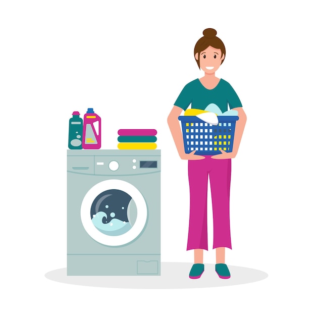 Woman with dirty clothes and washing machine. Housewife at home.