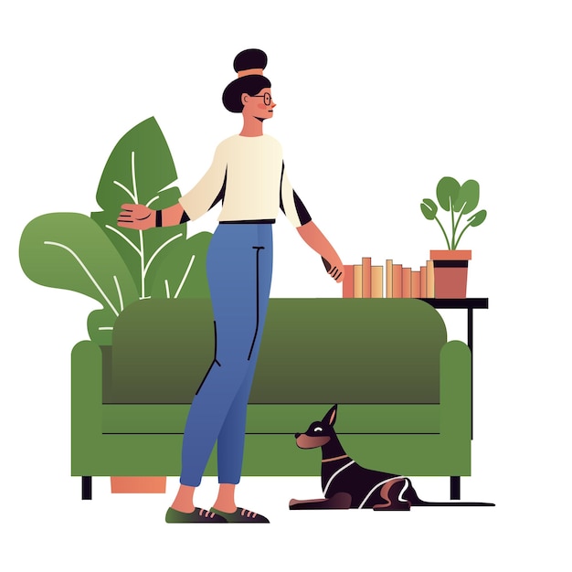 Vector woman with dog in living room healthy lifestyle concept home interior plants books on table