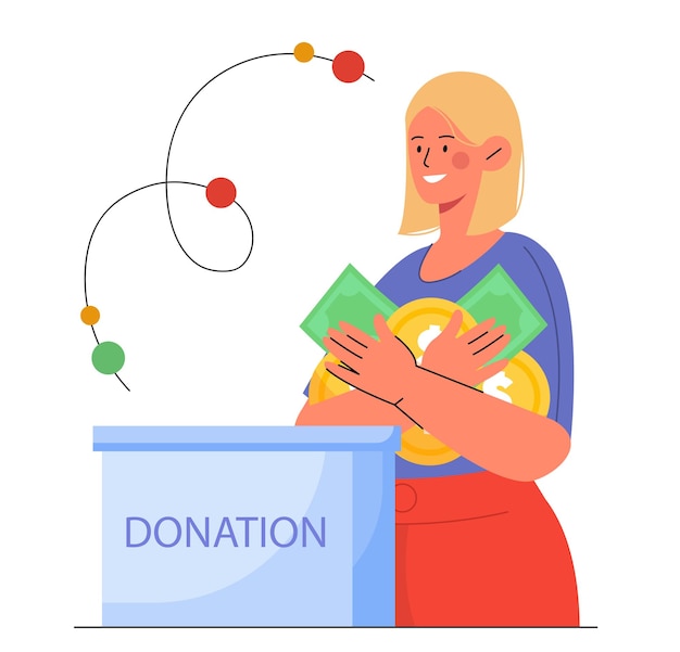 Woman with donation concept charity generosity and kindness young girl with money near big box fund