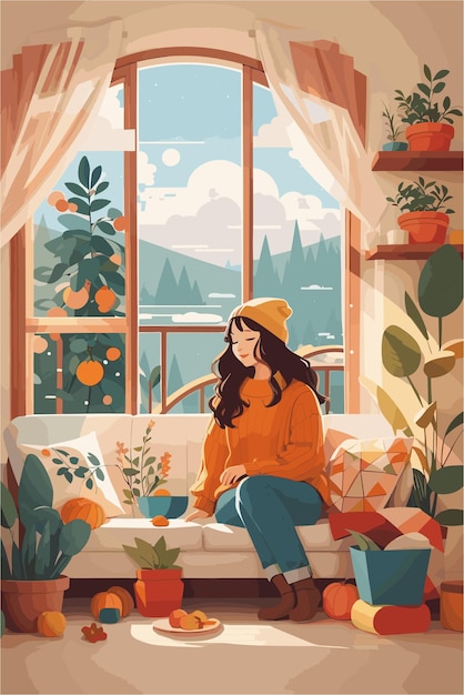 Woman with dream cozy and calm with weathers in the background