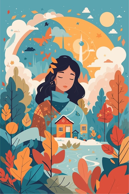 Woman with dream cozy and calm with weathers in the background