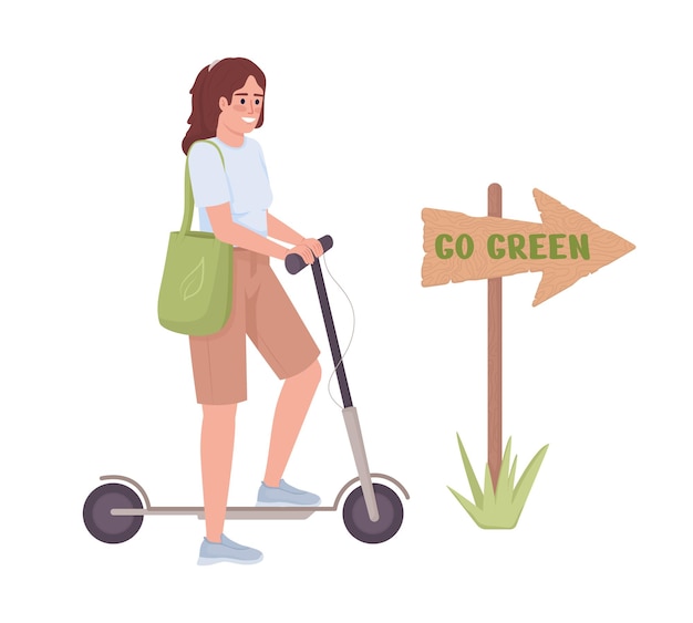 Woman with electric scooter semi flat color vector character