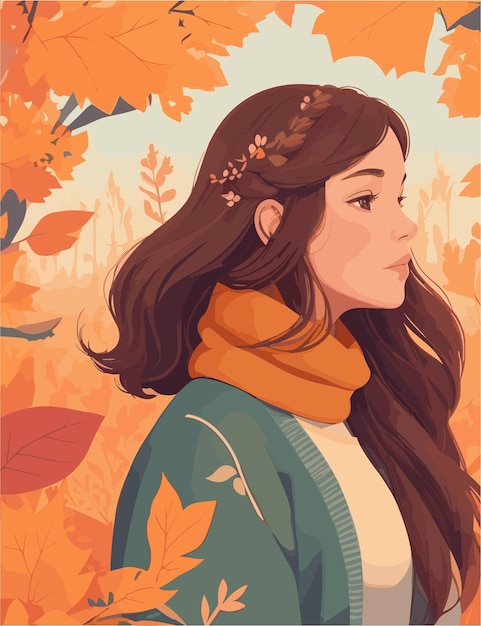 A woman with fall season and various weather flat illustration