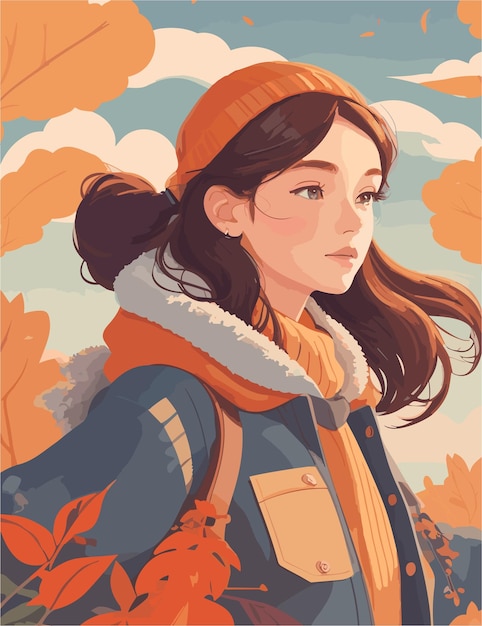 A woman with fall season and various weather flat illustration