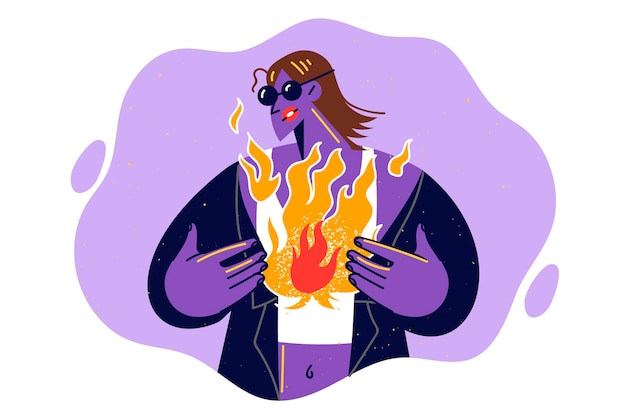 Vector woman with fire in soul symbolizing suffering and despair looks in style of cyberpunk or futurism